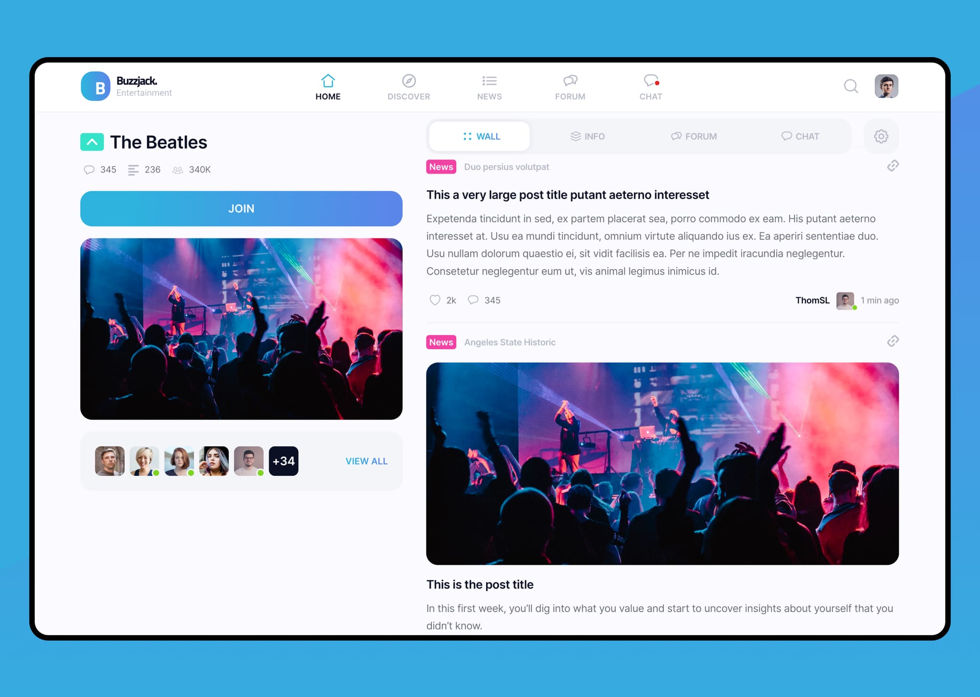 Vista de grupo de artista — UI responsive con tabs Wall / Info / Forum / Chat y sistema de membresía integrado para comunidades de música online