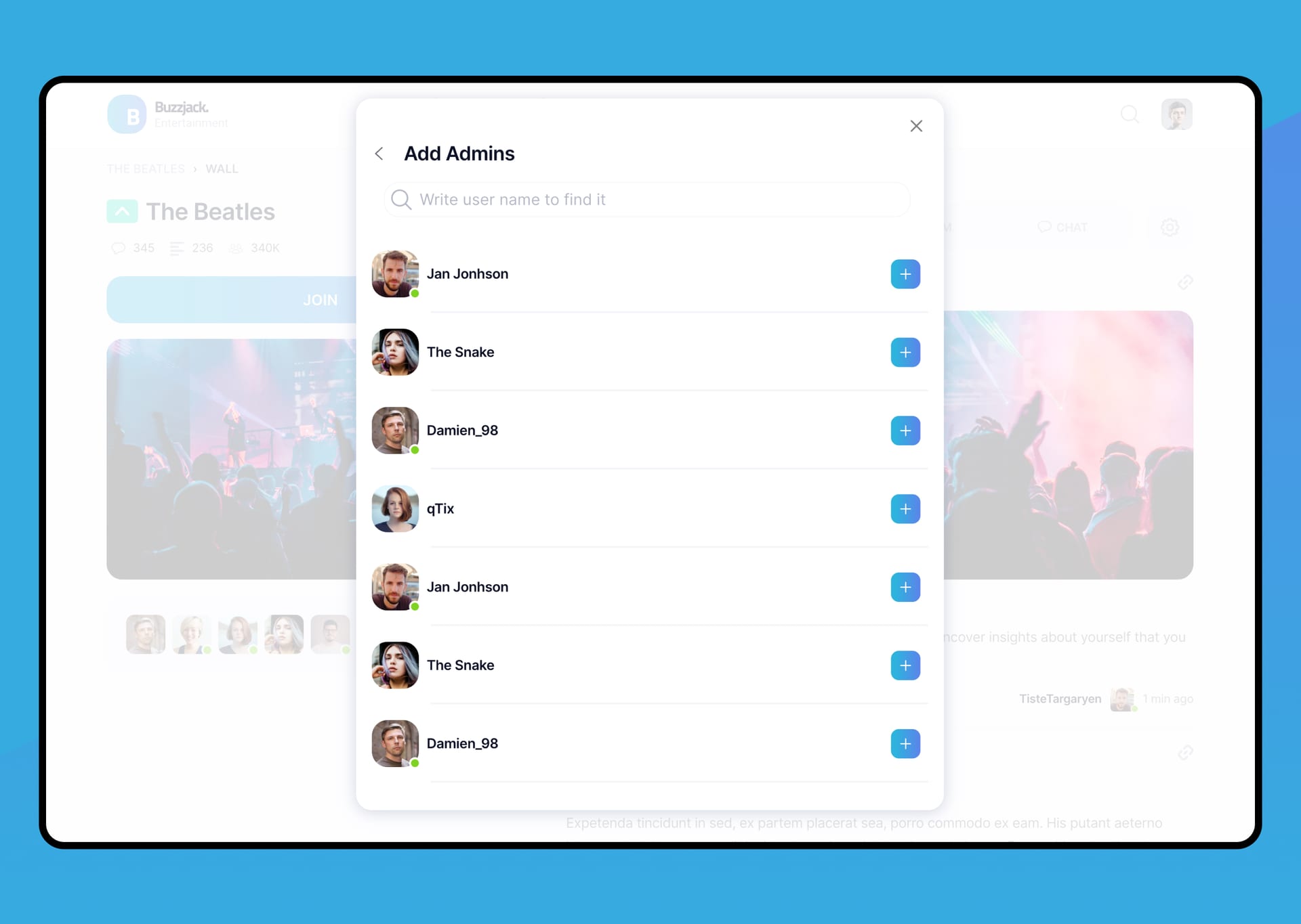 Modal de gestión de administradores — componente de búsqueda y asignación de roles con indicadores de presencia online para plataformas de foros