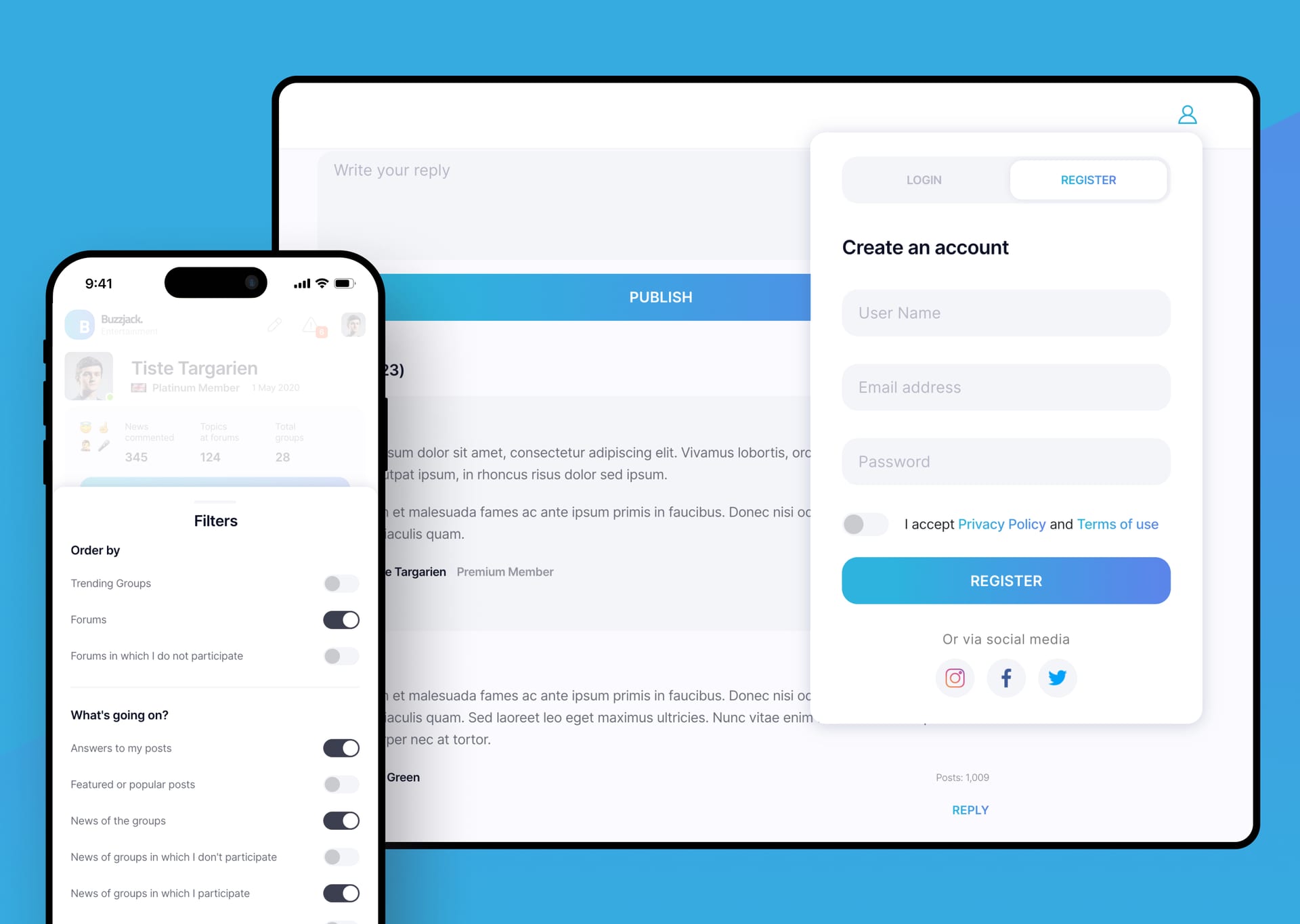 Pantallas de registro, perfil de usuario y sistema de filtros — flujo de onboarding con autenticación social y panel de preferencias de notificaciones para comunidad online