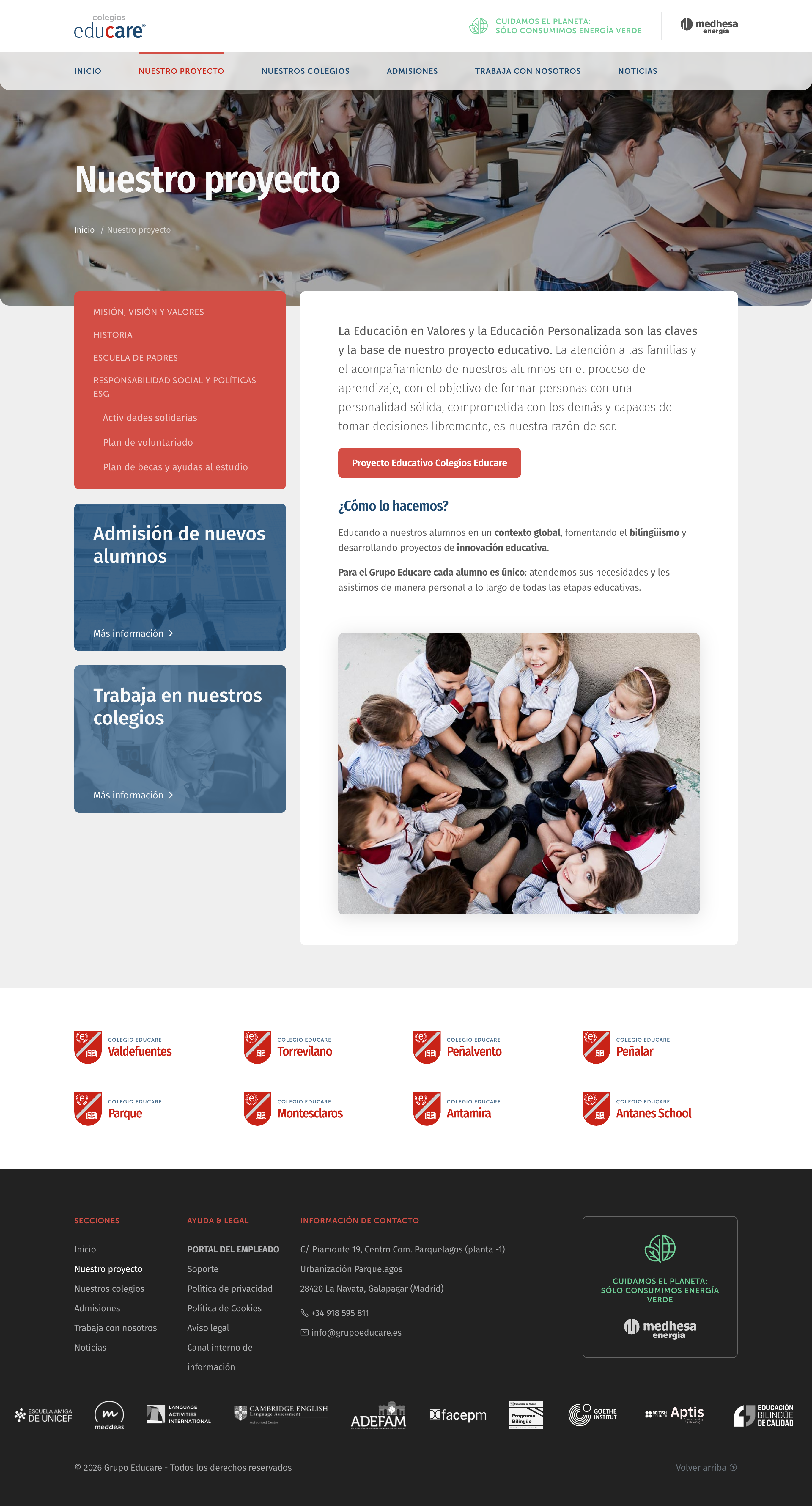 Web principal del Grupo Educare, página "Nuestro Proyecto" donde se muestran sus valores pedagógicos.