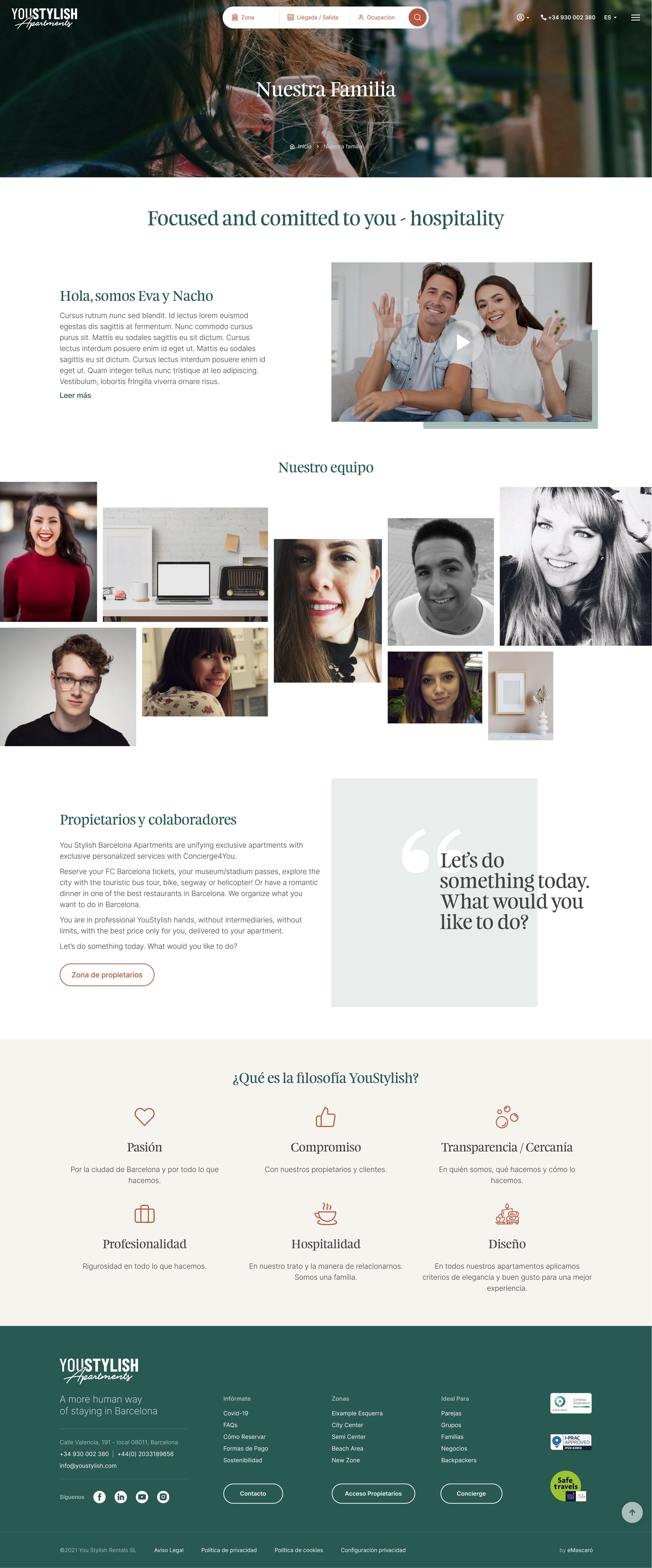 "Nuestra Familia" — diseño web para empresa de apartamentos turísticos en Barcelona con sección de equipo, filosofía de marca y área privada para propietarios.