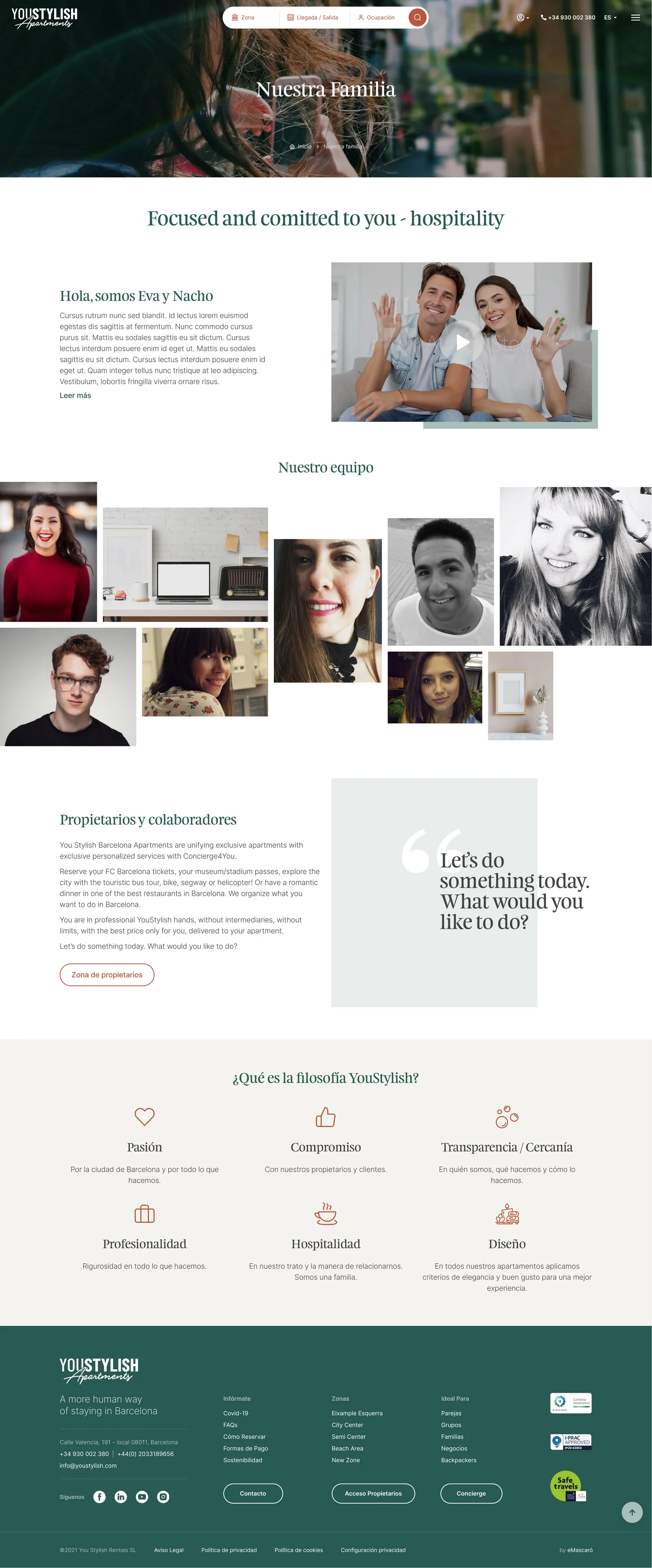 "Nuestra Familia" — diseño web para empresa de apartamentos turísticos en Barcelona con sección de equipo, filosofía de marca y área privada para propietarios.