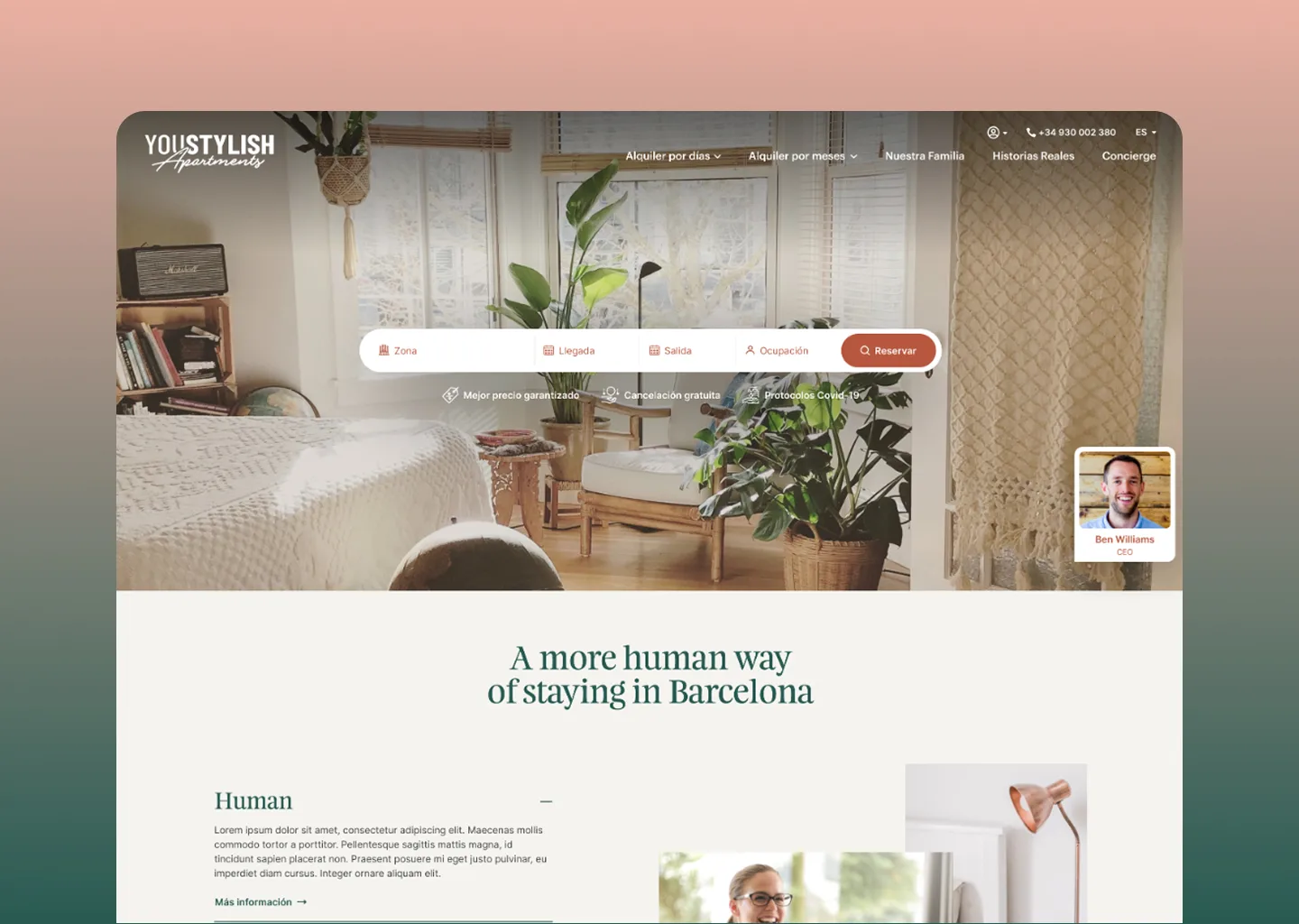 Hero con buscador integrado — UI de motor de reservas para apartamentos turísticos en Barcelona con filtros por zona, fechas y ocupación