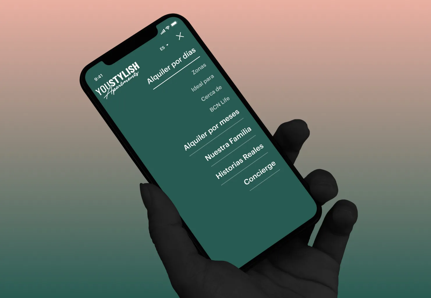 Menú móvil responsive — navegación fullscreen para web de alquiler de apartamentos con arquitectura de información diferenciada por tipo de estancia